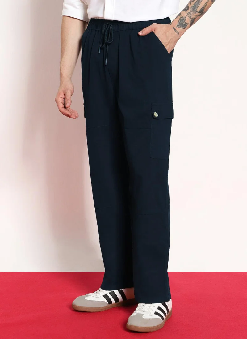 أوربانو فاشن Urbano Fashion Men's Navy Loose Baggy Fit Cargo Jogger Chino Pant with 6 Pockets Stretchable